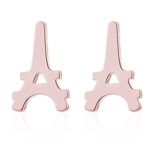 Detailed close-up of polished rose gold Eiffel Tower stud earrings on white background
