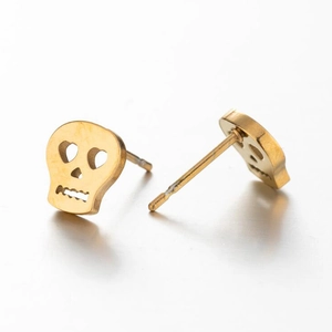 Polished gold skull stud earrings made of stainless steel for Halloween rock style