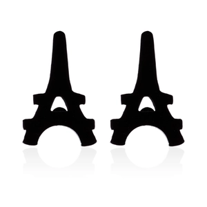 Detailed view of matte black Eiffel Tower stud earrings made of stainless steel