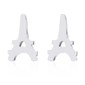 Detailed view of silver Eiffel Tower stud earrings with a polished metallic finish