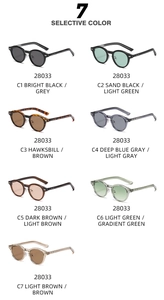 Catalogue détaillé montrant 7 couleurs de lunettes de soleil rondes rétro pour femmes