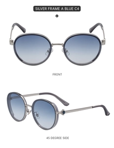 Front and 45-degree side views of silver round frame sunglasses with blue gradient lenses