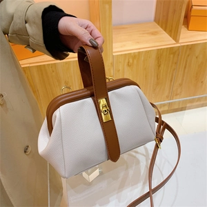 Vintage Doctor Bag PU Leather Litchi Grain Handle Detachable Shoulder Strap Retro Stylish Crossbody Bag For Women