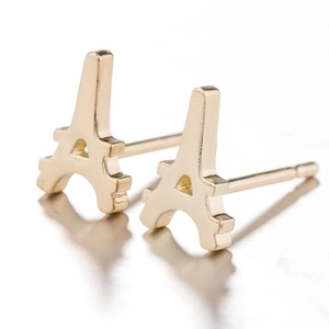 Golden Eiffel Tower shaped stainless steel stud earrings with polished metallic finish
