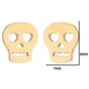 Golden skull stud earrings with heart eyes made of polished stainless steel for Halloween