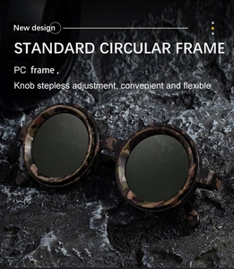 Detail of round frame sunglasses featuring PC material and stepless adjustment knob