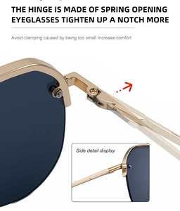 Detail van metalen aviator zonnebril met flexibele veerscharnieren voor comfort