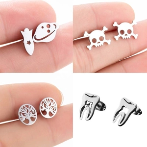 Stainless Steel Stud Earrings Asymmetric Rocket Planet Hollow Tooth Skull Tree Of Life Gothic Punk Fashion Jewelry