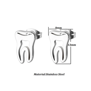 Detail view of 9x13mm stainless steel molar tooth earrings with measurements