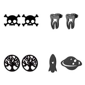 Black stainless steel earring set featuring skull, teeth, tree of life and space designs