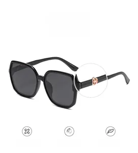 Detail showing rose gold hexagonal metal decoration on black square frame sunglasses