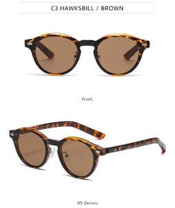 Lunettes de soleil rondes rétro écaille avec verres bruns vues de face et sous un angle de 45°