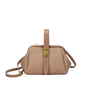 Vintage taupe lychee grain leather shell bag with gold twist lock and handle