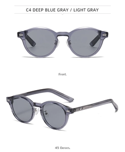 Vues de face et à 45 degrés de lunettes de soleil rondes en gris-bleu translucide