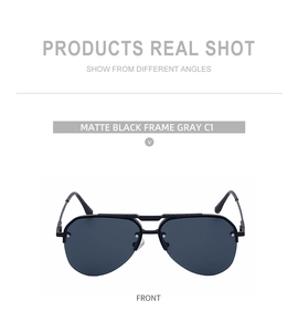 Detail van matzwarte aviator zonnebril met halve rand, grijze glazen en metalen klinknagels