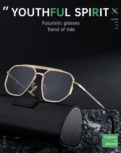 Detail of square gold metal aviator sunglasses with dual bridge on black leather case