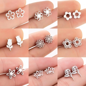 Boucles D'oreilles Puces En Acier Inoxydable Fleur Creuse Rose Lotus Mandala Symbole Atomique Bijoux Géométriques Femmes