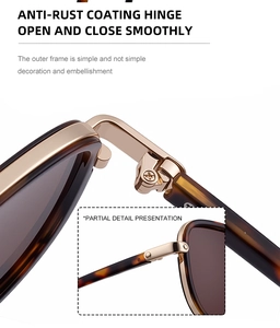 Detail of the rust-resistant golden metal hinge on tortoise shell pilot sunglasses
