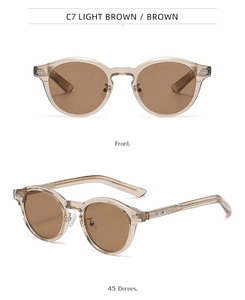 Vues de face et à 45 degrés de lunettes de soleil rondes marron clair avec verres bruns