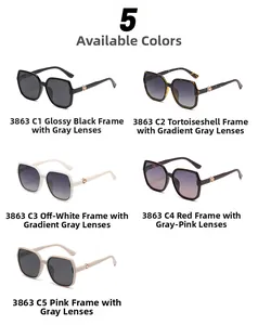 Close-up of square polarized sunglasses in black, tortoiseshell, beige, red, and pink colors