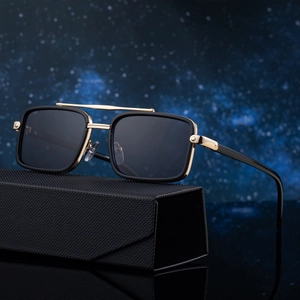 Polarized square sunglasses for men with double bridge frame and folding case on dark background