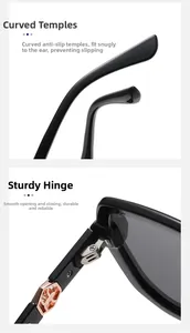 Detail of square sunglasses showing curved non-slip temples and solid gold metal hinges