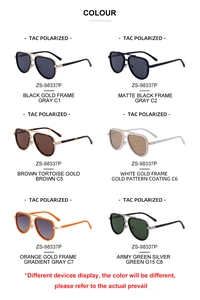 Detailed grid of aviator polarized sunglasses in six colors with metal frames