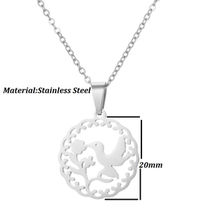 Detailed 20mm round stainless steel necklace with hollow hummingbird and floral pattern