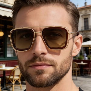Detail of premium gold double bridge square sunglasses with brown lenses on model