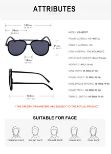 Detailed size chart for retro aviator polarized sunglasses showing frames and lens dimensions
