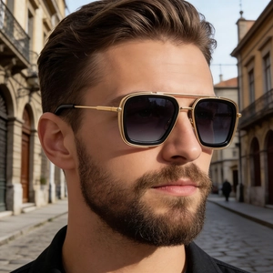 Men Square Sunglasses Retro Metal Double Bridge Frame UV400 Protection Fashion Hip Hop Vintage Style Outdoor Eyewear