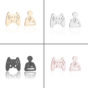 Gamepad and yoga pose earrings set in gold, silver, black, and rose gold finishes