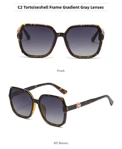 Front and 45-degree views of tortoiseshell square sunglasses with gradient gray lenses