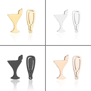 Polished stainless steel cocktail glass and bottle stud earrings in four metallic finishes