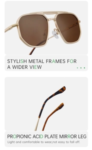 Detail of pilot sunglasses with gold metal frame and tortoiseshell textured temples