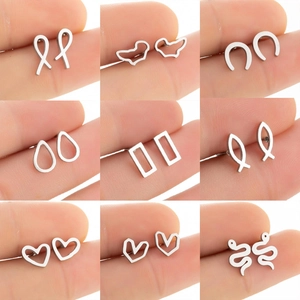 Minimalist Stainless Steel Stud Earrings Geometric Heart Snake Fish Horseshoe Waterdrop Ribbon Punk Jewelry For Women