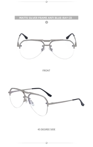Detail van mat zilveren aviator bril met halve rand, anti-blauw licht lenzen en metaal