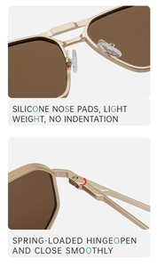 Detail of soft silicone nose pads and durable spring hinges on metal square sunglasses