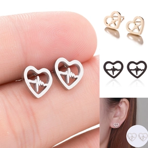 Stainless Steel Heart Stud Earrings Hollow ECG Heartbeat Line EKG Pulse Minimalist Ear Bone Jewelry For Women