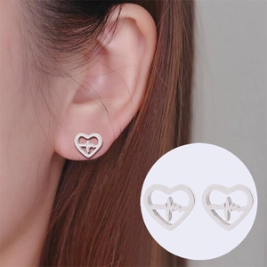 Polished stainless steel hollow heart earrings with ECG heartbeat pattern for women
