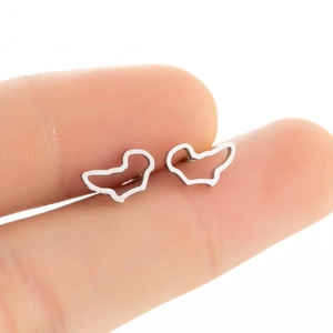 Close-up of minimalist silver stainless steel heart-shaped outline stud earrings