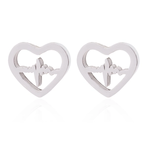 Close-up of stainless steel heart stud earrings with ECG pulse line design