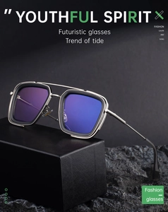Detail of square sunglasses with silver metal frame and blue purple gradient lenses