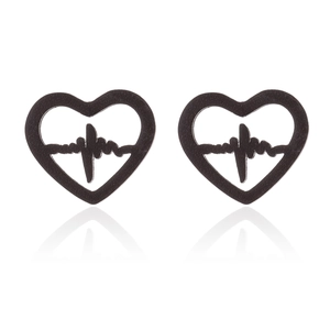 Close-up of black stainless steel heart stud earrings with heartbeat EKG pulse lines
