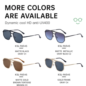 Detail view of square pilot sunglasses showing HD anti-UV400 protection in multiple colors