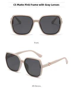 Square pink frame polarized sunglasses featuring metal cutout hinges and gray lenses