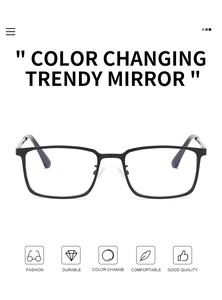 Detail showing square frame photochromic sunglasses with color changing lenses