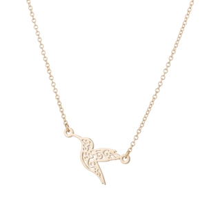 Minimalist gold hummingbird necklace with intricate hollow filigree origami bird pendant