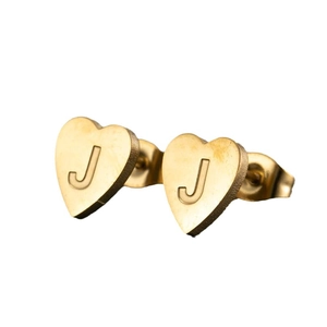 Minimalist heart-shaped gold stud earrings with letter J embossing and brushed finish