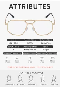 Detailed size chart for square metal frame sunglasses with precise lens and temple measurements